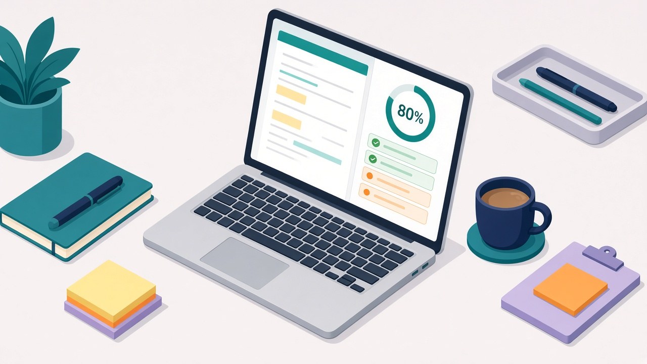A laptop comparing a resume against a job description, with a match score and keyword checklist