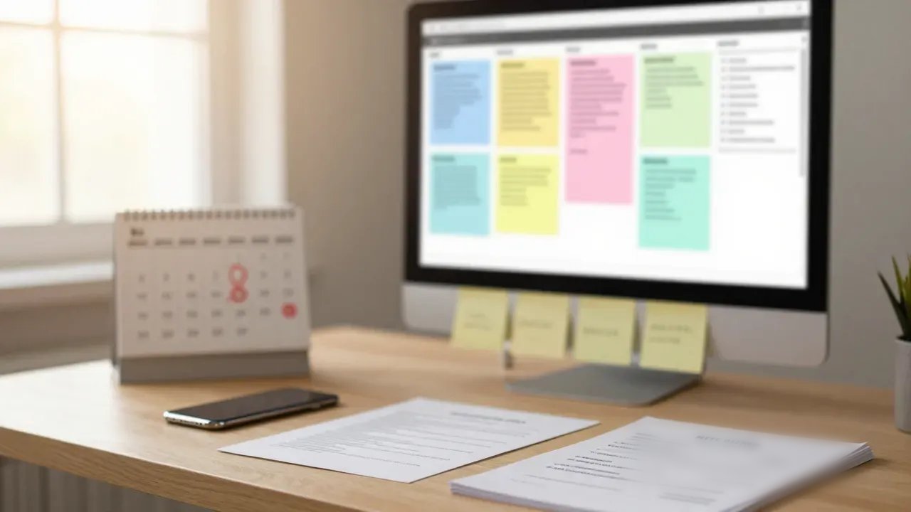 A colour-coded job application board on a monitor, with a calendar, notes, and printed resumes on the desk
